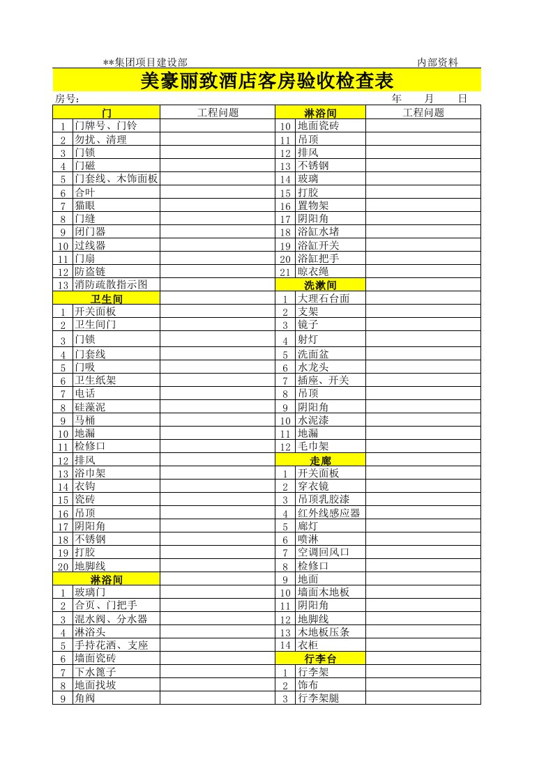 酒店客房验收检查表