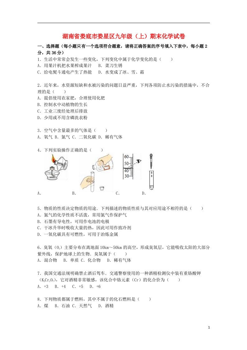 湖南省娄底市娄星区九级化学上学期期末试题（含解析）