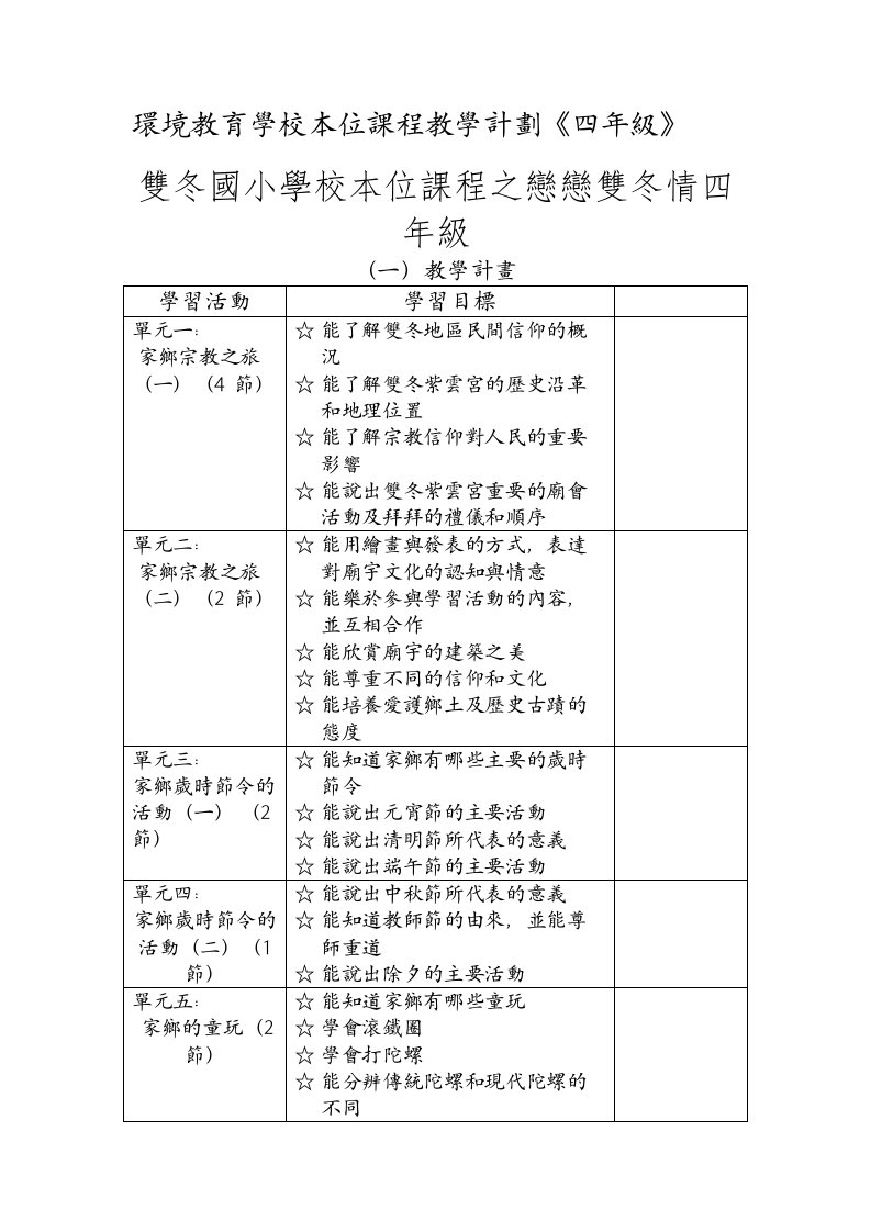 历史试题练习题教案学案课件环境教育学校本位课程教学计划四年级