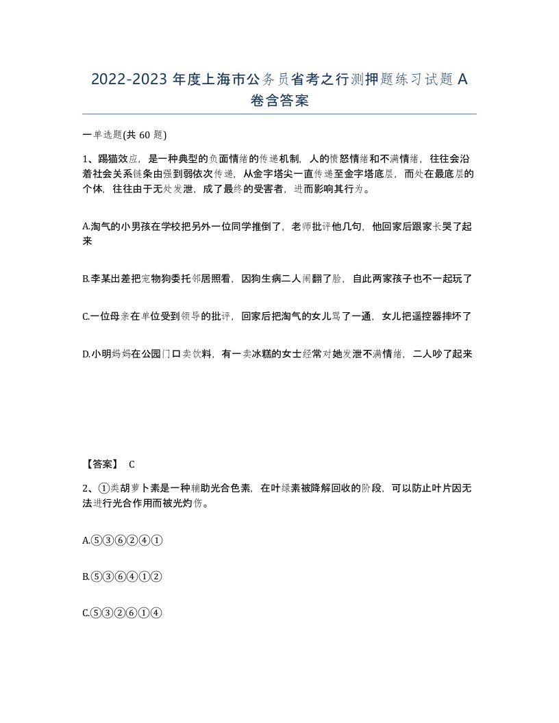 2022-2023年度上海市公务员省考之行测押题练习试题A卷含答案