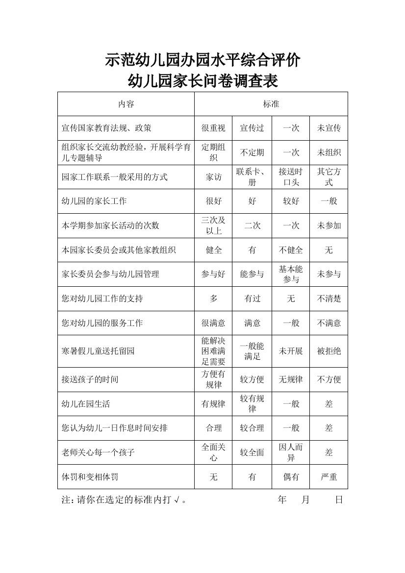 幼儿园示范幼儿园办园水平综合评价-家长问卷调查表模版