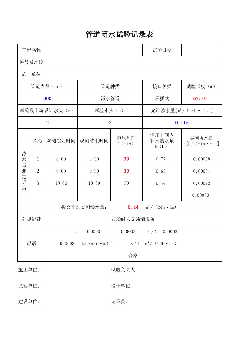 排水管道闭水试验记录表(自动计算)