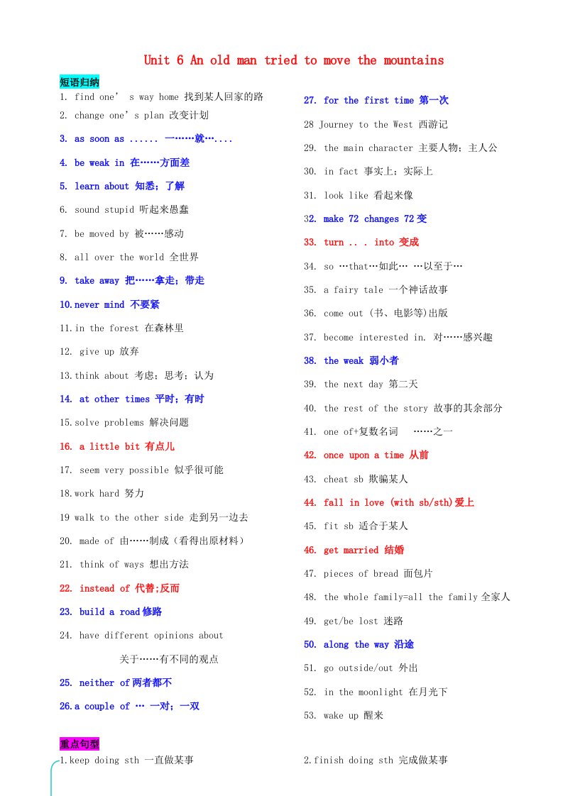 2021年八年级英语下册Unit6Anoldmantriedtomovethemountains重点知识素材新版人教新目标版