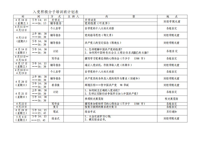 入党积极分子培训班计划表