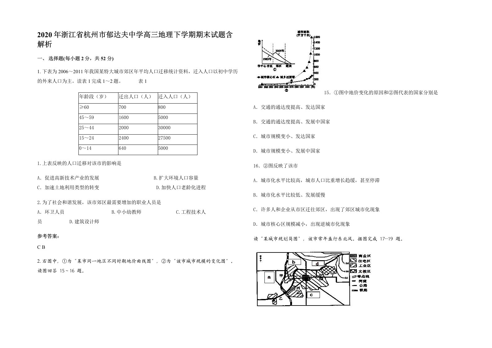 2020年浙江省杭州市郁达夫中学高三地理下学期期末试题含解析