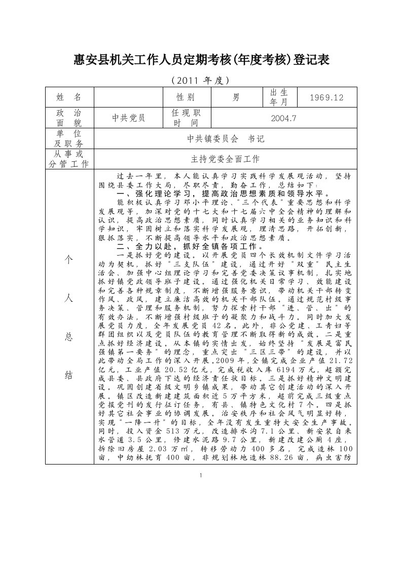 镇党委书记年度考核