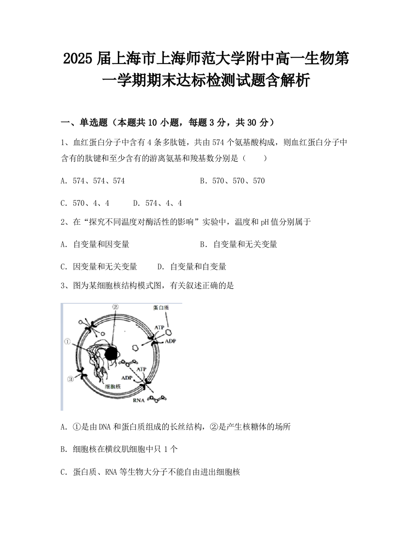 2025届上海市上海师范大学附中高一生物第一学期期末达标检测试题含解析