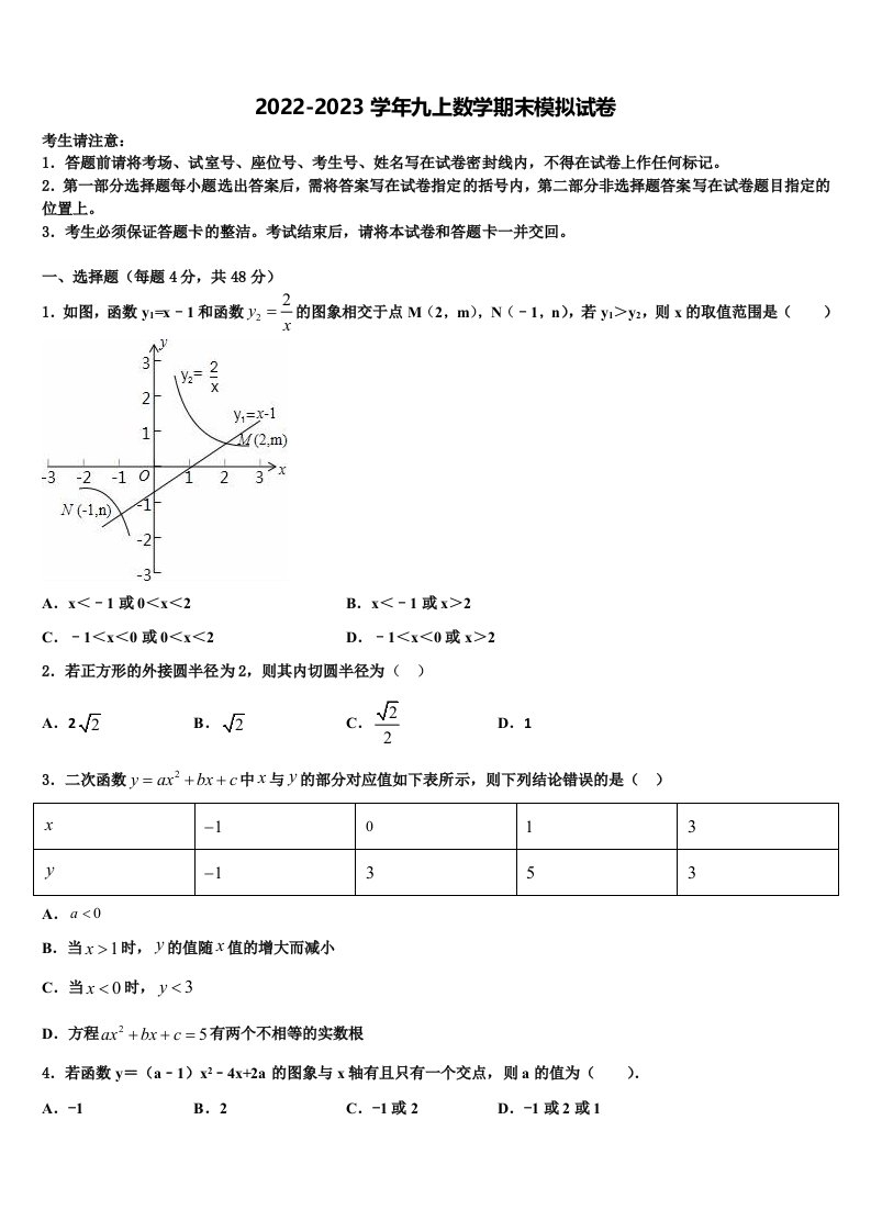 山东省临沂市兰陵县2022-2023学年九年级数学第一学期期末经典模拟试题含解析