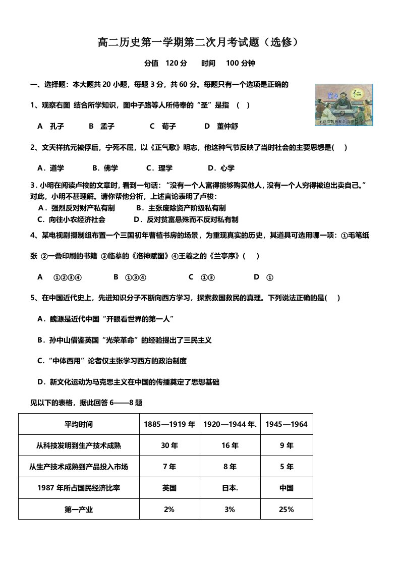 高二历史第一学期第二次月考试题