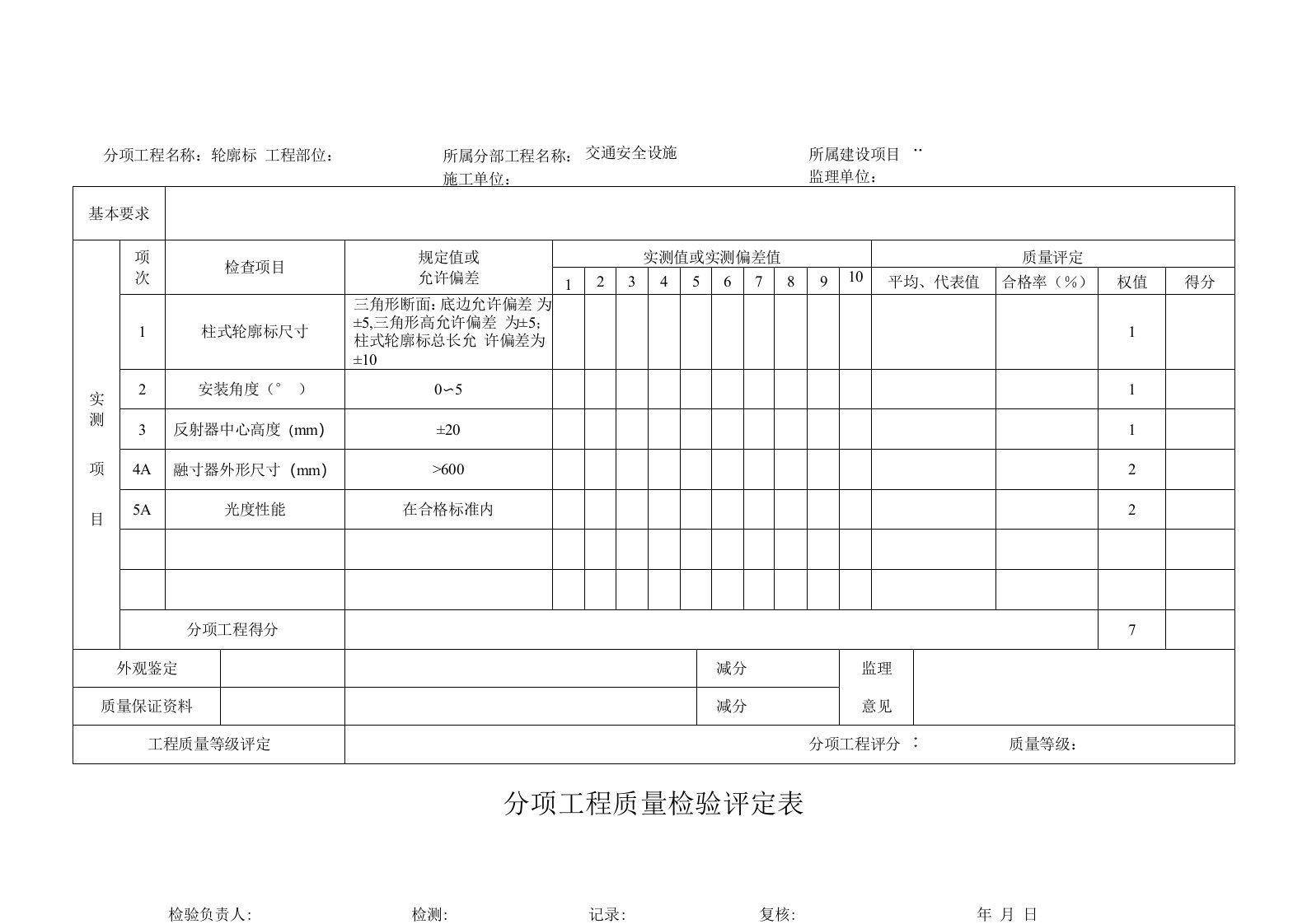 分项工程质量检验评定表-轮廓标