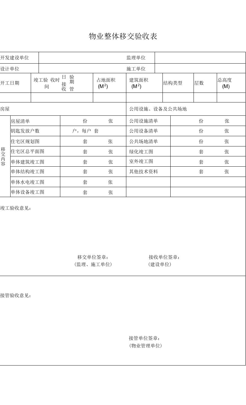 物业整体移交验收表