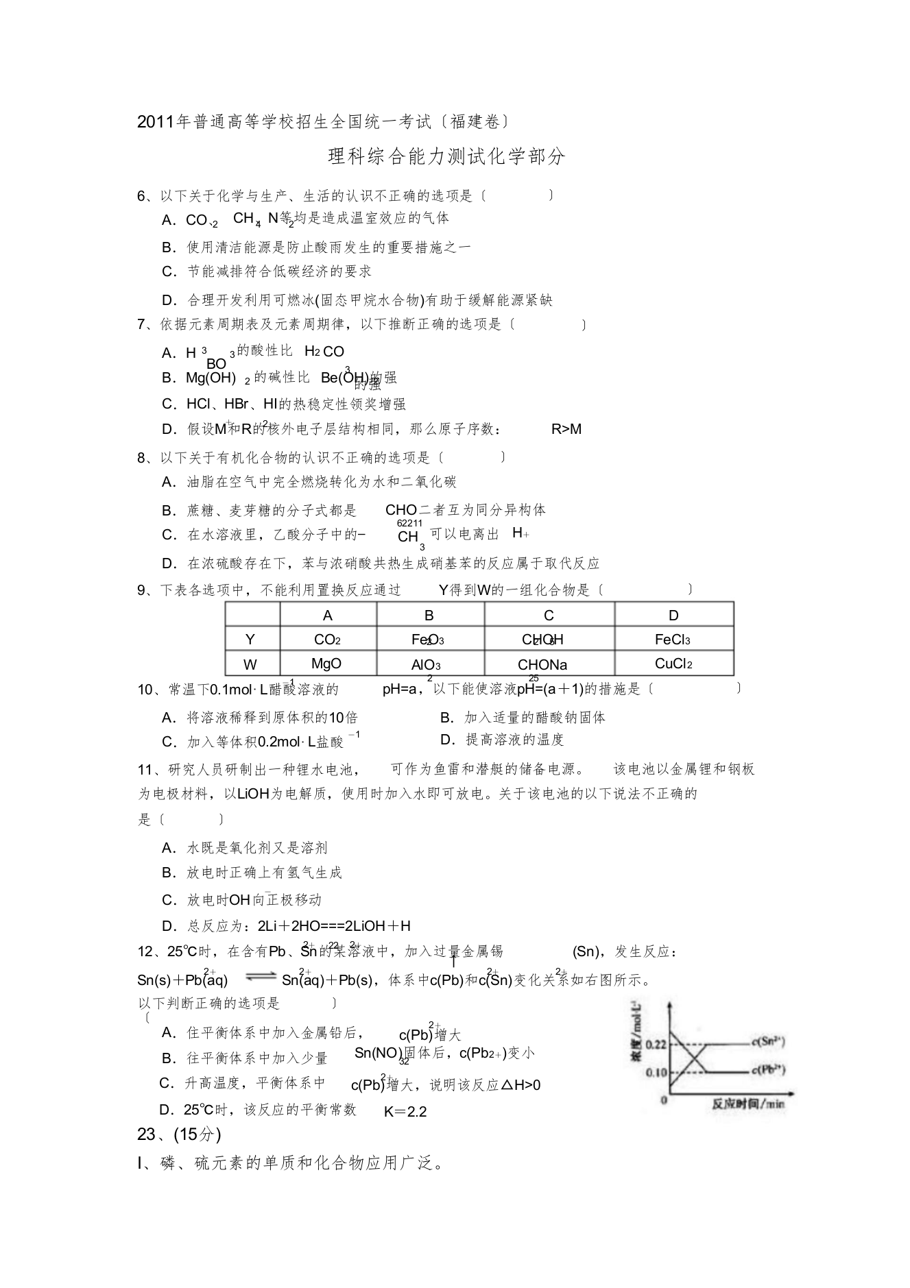 高考理综化学部分试题及答案(福建卷)(高考考前预测,有标准答案)