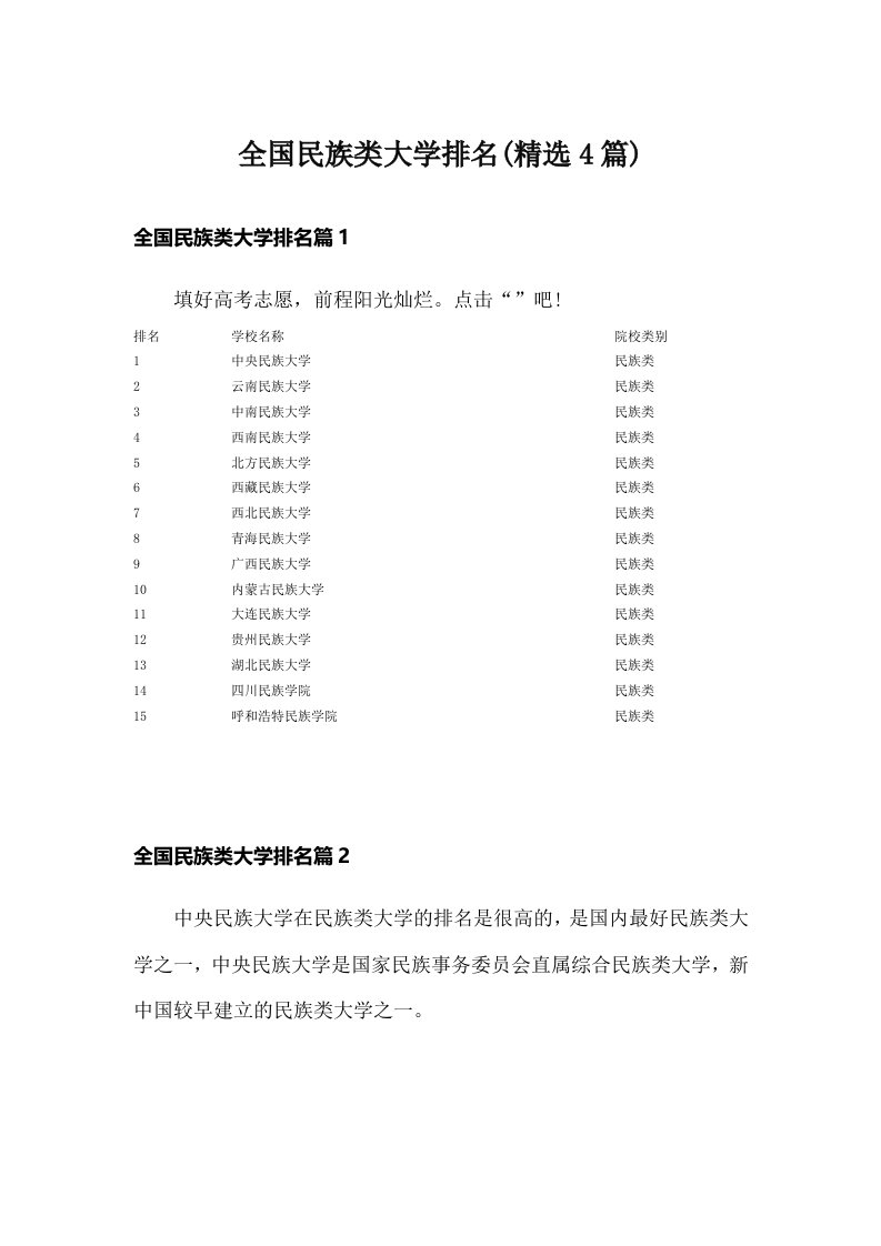 全国民族类大学排名(精选4篇)