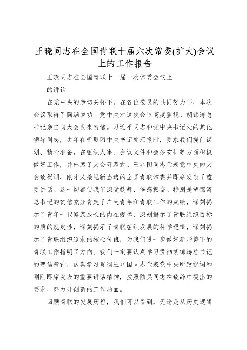 2022王晓同志在全国青联十届六次常委(扩大)会议上的工作报告