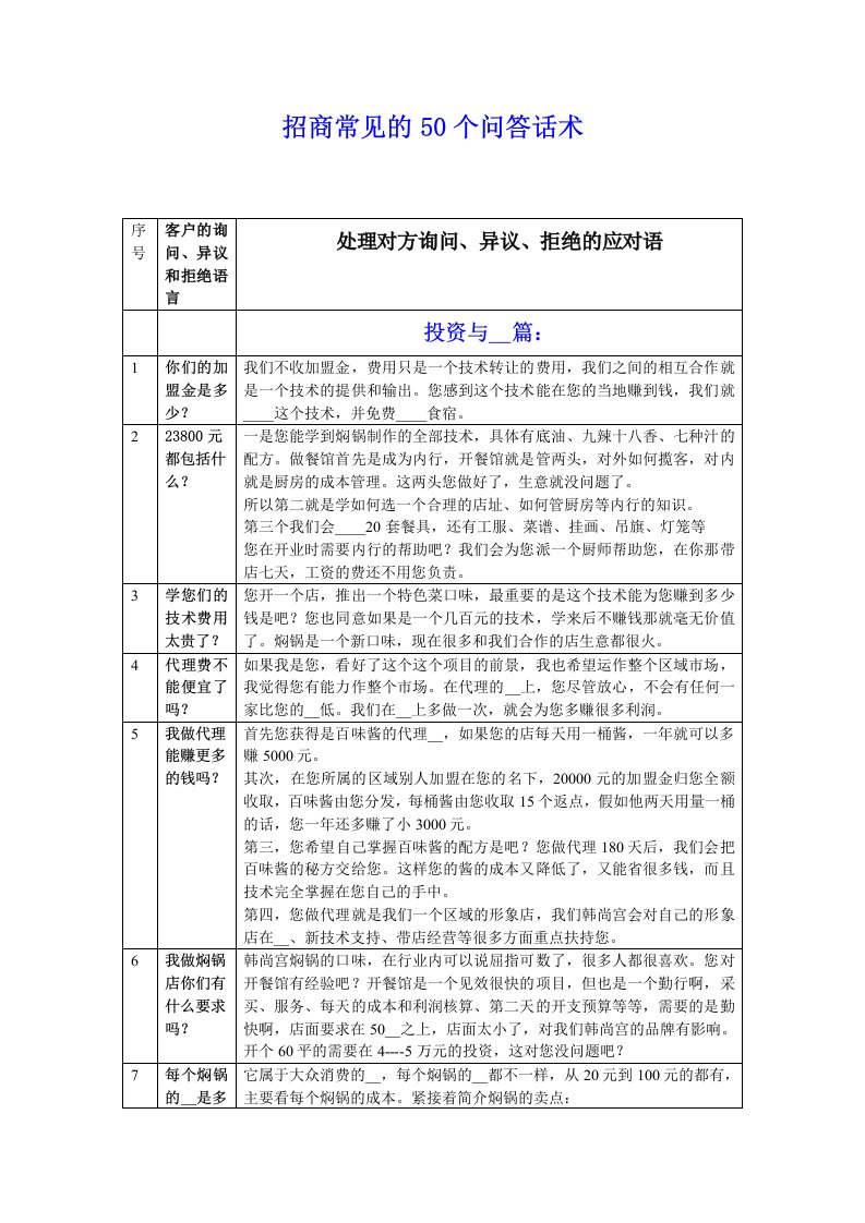 招商常见的50个问答话术