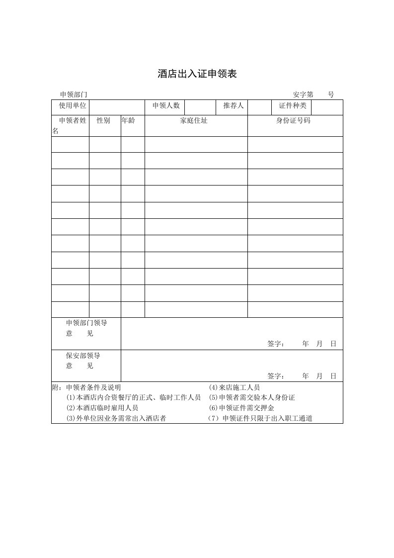 酒类资料-酒店出入证申领表