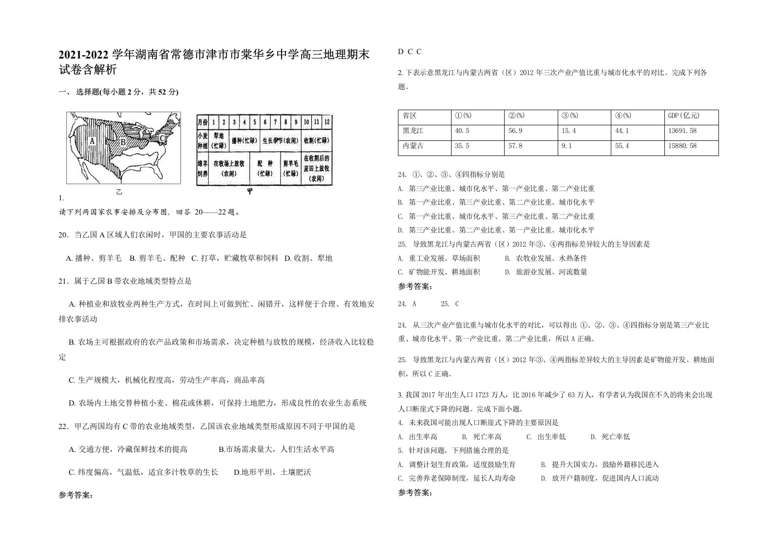 2021-2022学年湖南省常德市津市市棠华乡中学高三地理期末试卷含解析