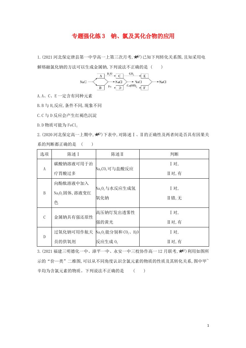 2022版新教材高中化学专题3从海水中获得的化学物质专题强化练3钠氯及其化合物的应用含解析苏教必修第一册