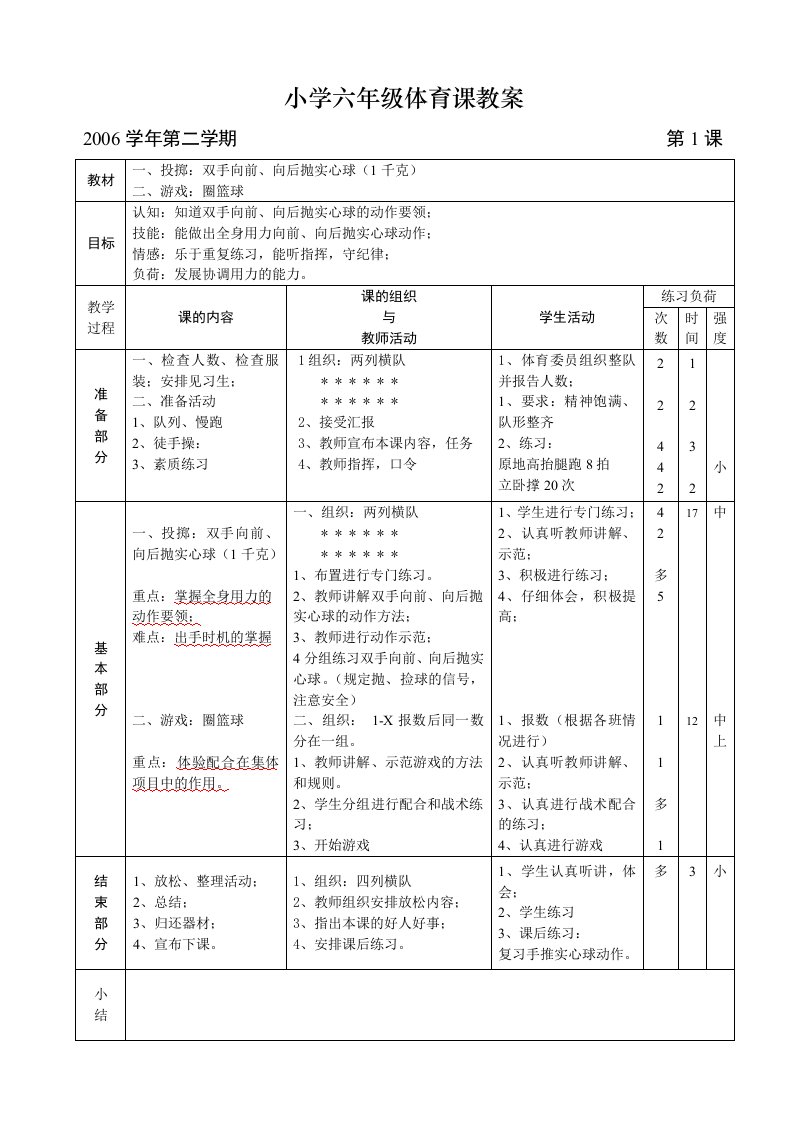 小学六年级体育课教案2