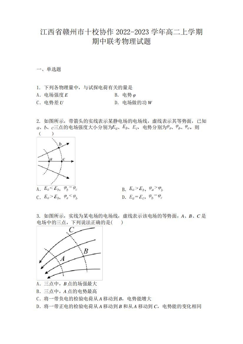 江西省赣州市十校协作2024-2023学年高二上学期期中联考物理试题