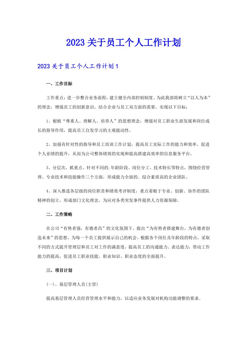 2023关于员工个人工作计划