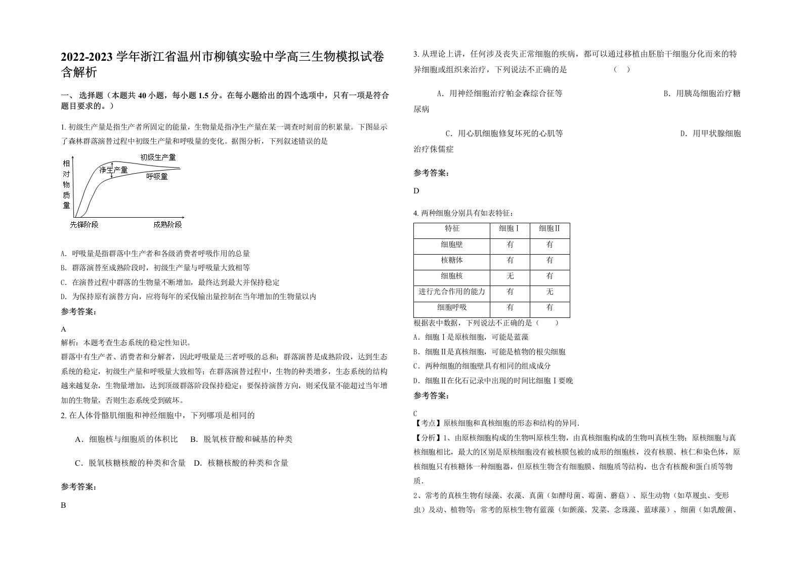 2022-2023学年浙江省温州市柳镇实验中学高三生物模拟试卷含解析