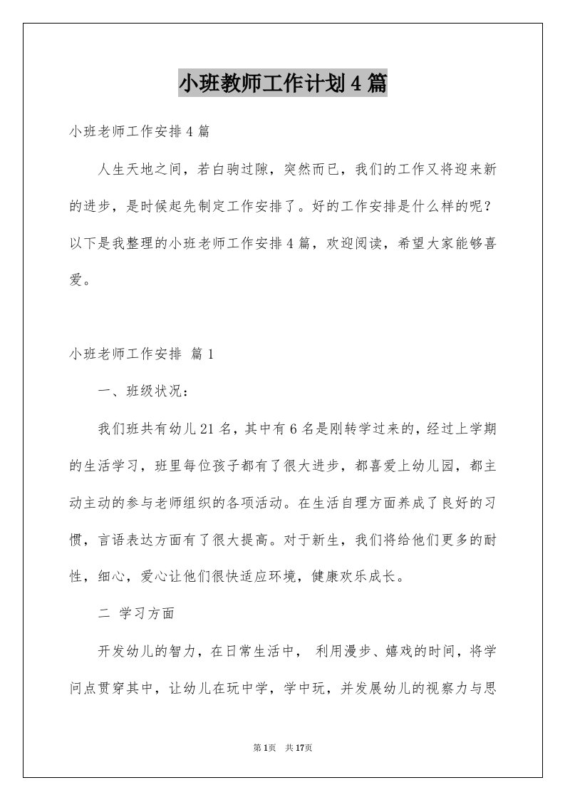 小班教师工作计划4篇例文