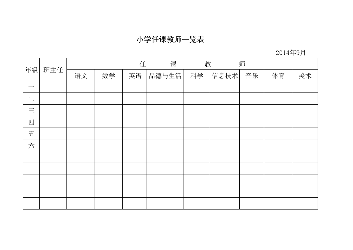 小学任课教师一览表