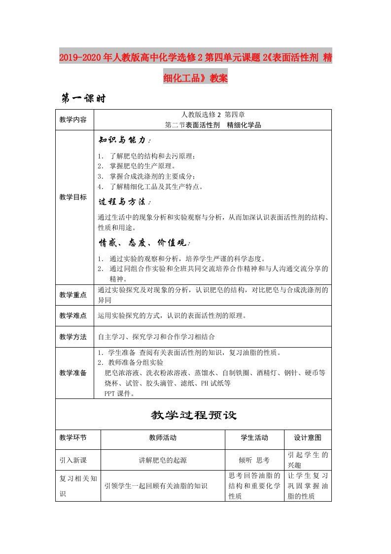 2019-2020年人教版高中化学选修2第四单元课题2《表面活性剂