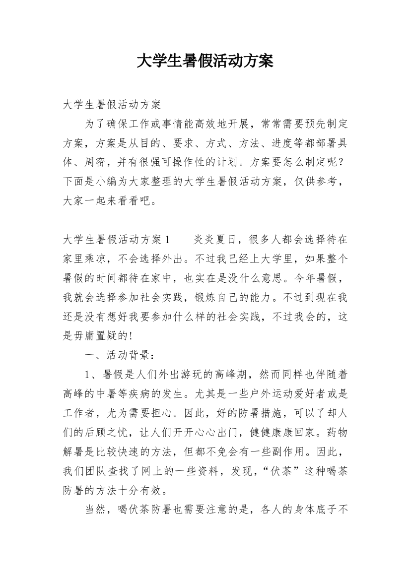 大学生暑假活动方案