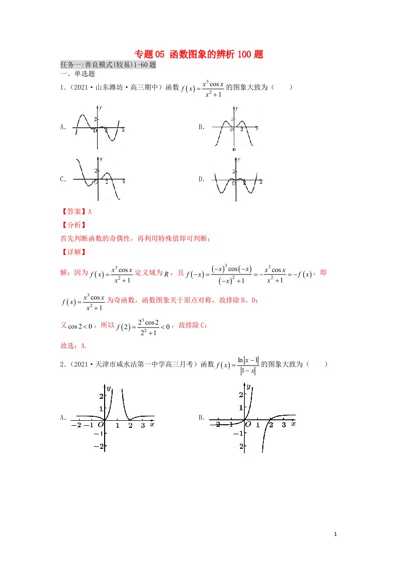 2023届高考数学二轮复习专题05函数图象的辨析100题教师版