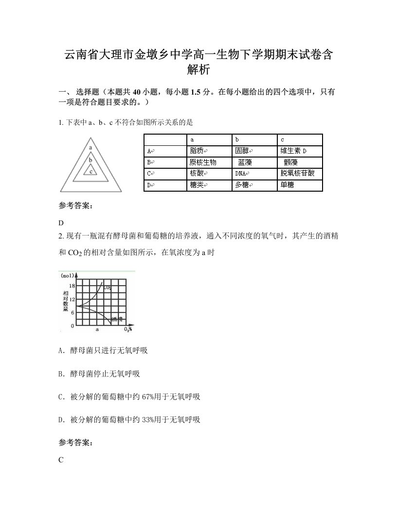 云南省大理市金墩乡中学高一生物下学期期末试卷含解析