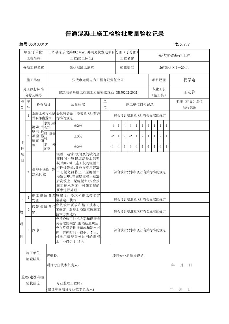 普通混凝土施工检验批质量验收记录