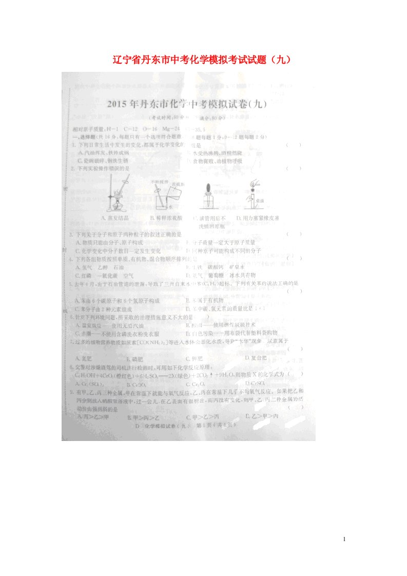 辽宁省丹东市中考化学模拟考试试题（九）（扫描版）