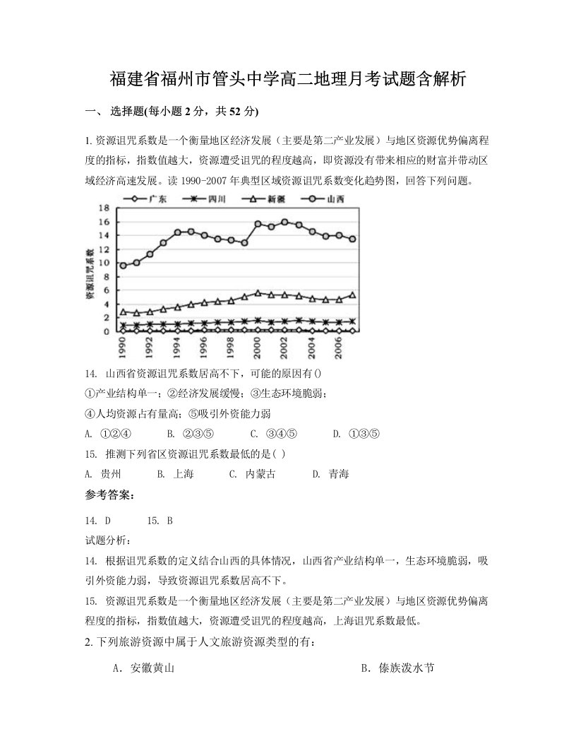 福建省福州市管头中学高二地理月考试题含解析