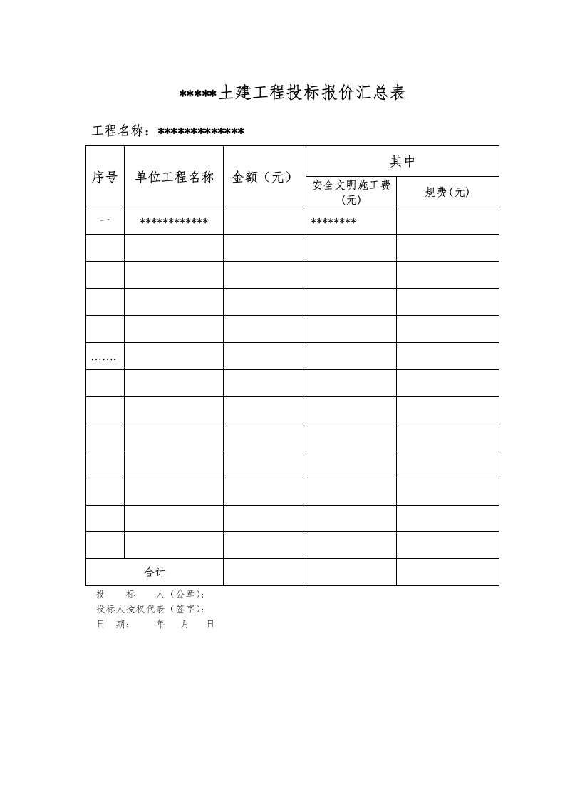 土建工程投标报价汇总表