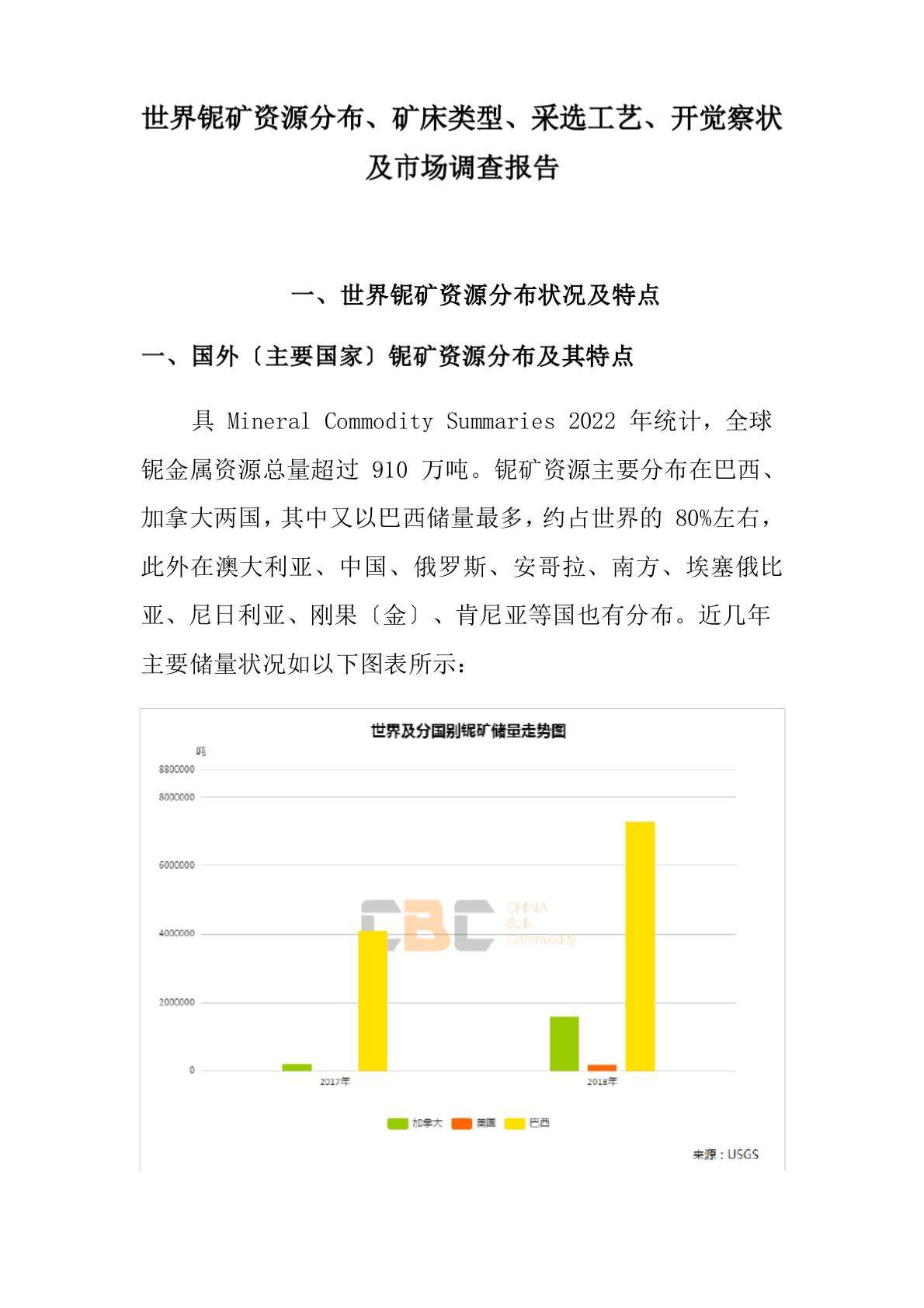 世界铌矿资源分布、矿床类型、采选工艺、开发现状及市场调查报告