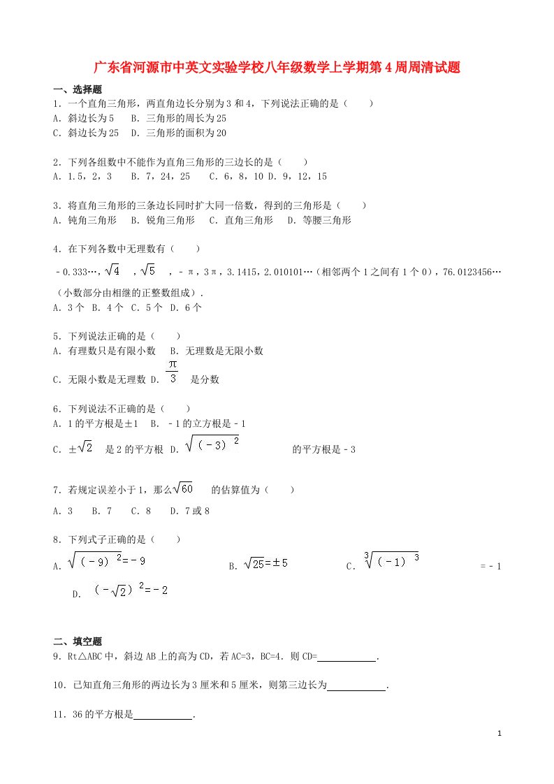 广东省河源市中英文实验学校八级数学上学期第4周周清试题（含解析）