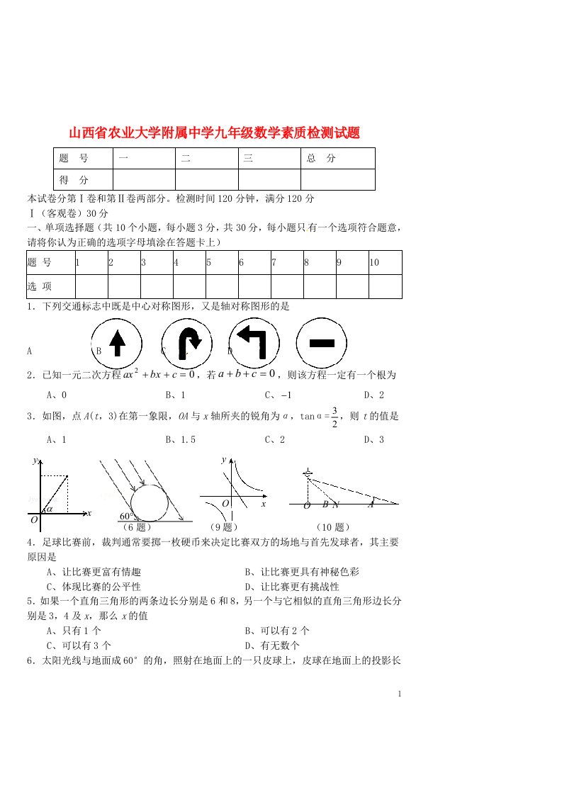 山西省农业大学附属中学九级数学素质检测试题