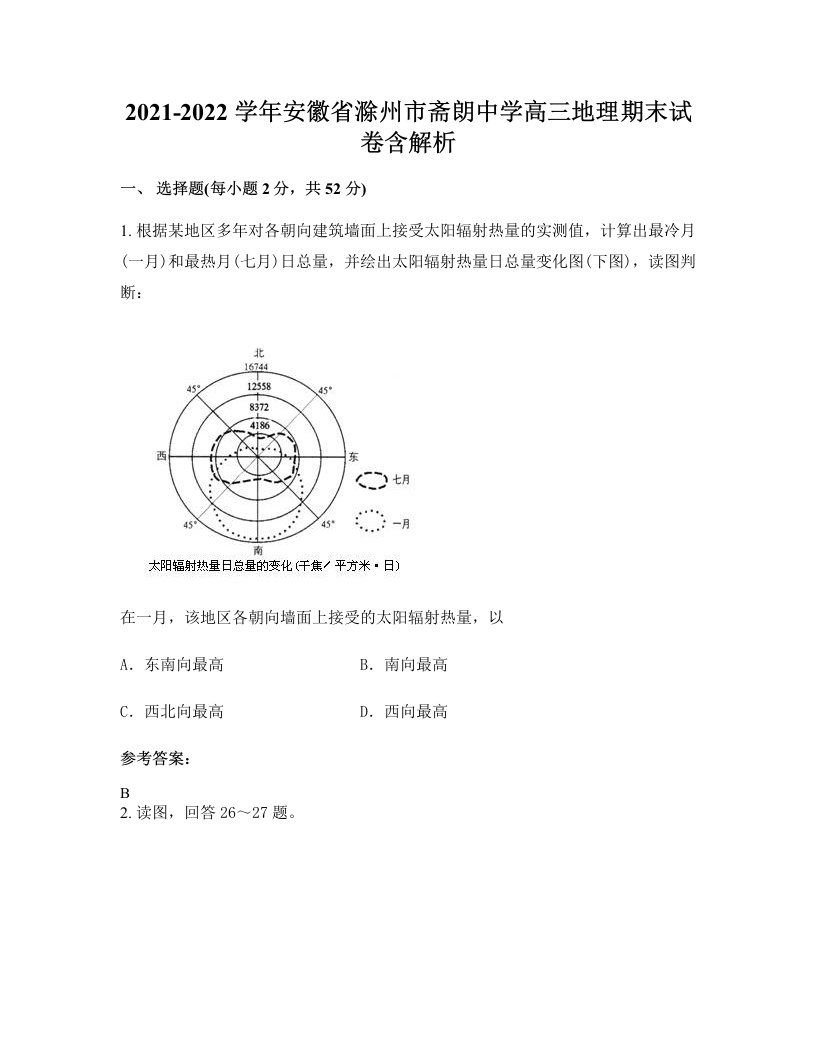 2021-2022学年安徽省滁州市斋朗中学高三地理期末试卷含解析