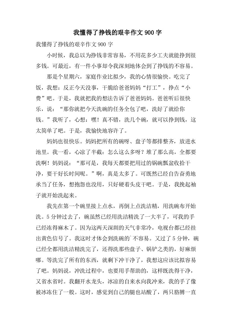 我懂得了挣钱的艰辛作文900字