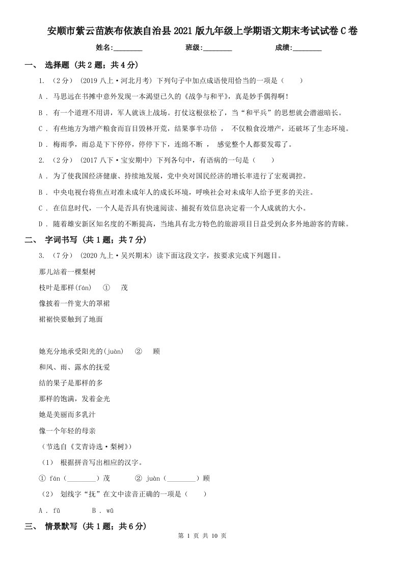 安顺市紫云苗族布依族自治县2021版九年级上学期语文期末考试试卷C卷