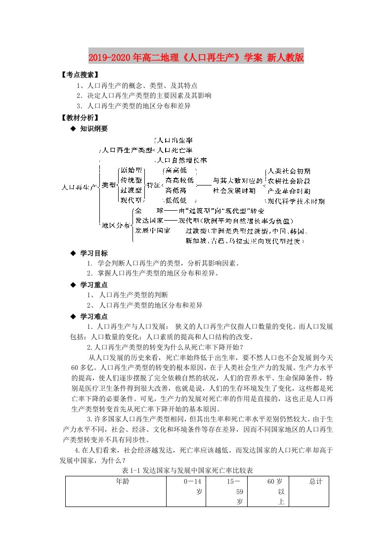 2019-2020年高二地理《人口再生产》学案