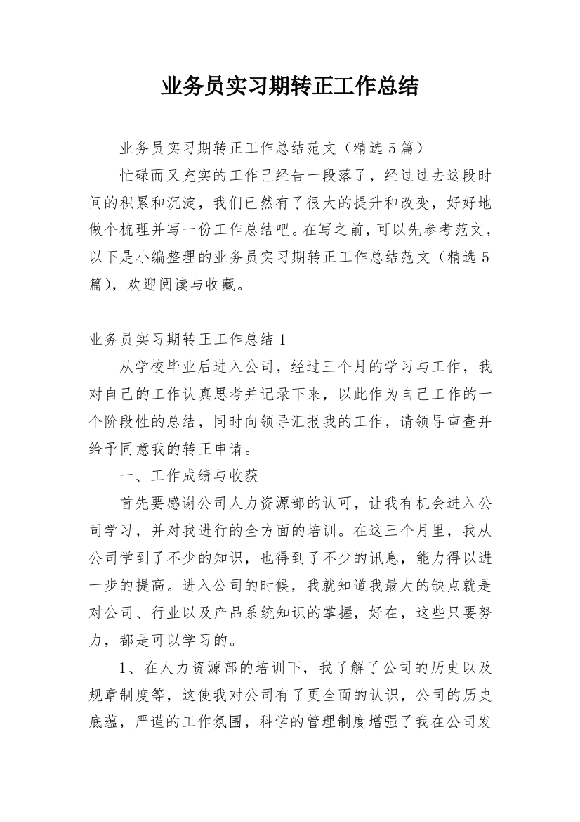 业务员实习期转正工作总结