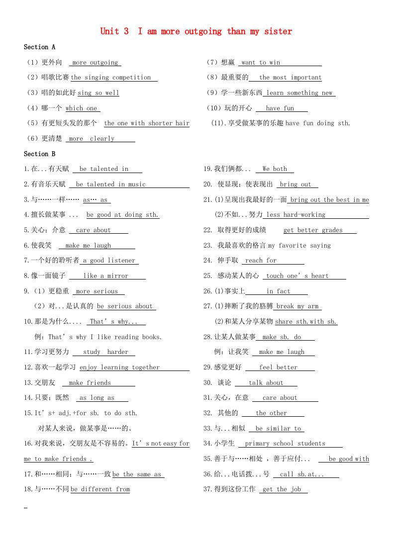 八年级英语上册Unit3I’mmoreoutgoingthanmysister知识点归纳练习新版人教新目标版