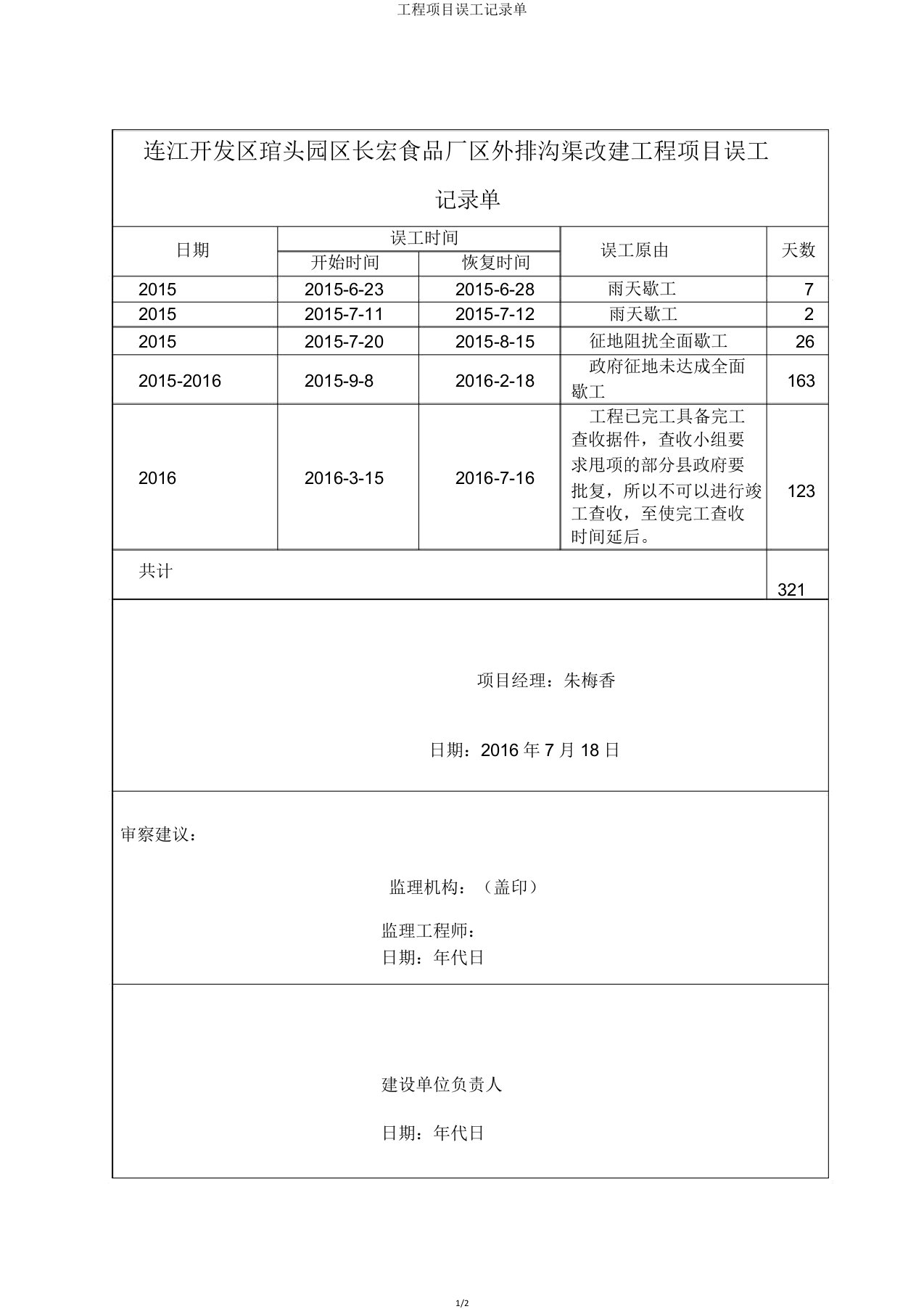 工程项目误工记录单