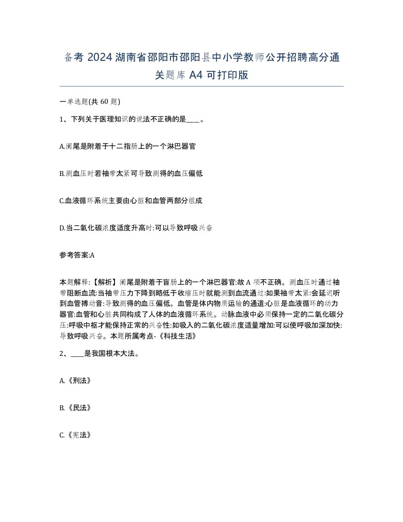 备考2024湖南省邵阳市邵阳县中小学教师公开招聘高分通关题库A4可打印版