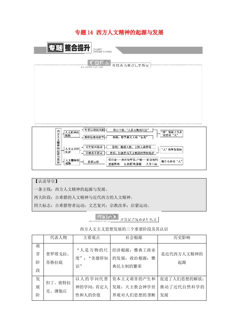 2022届高考历史统考一轮复习模块3文化发展历程专题14西方人文精神的起源与发展专题整合提升教师用书教案人民版