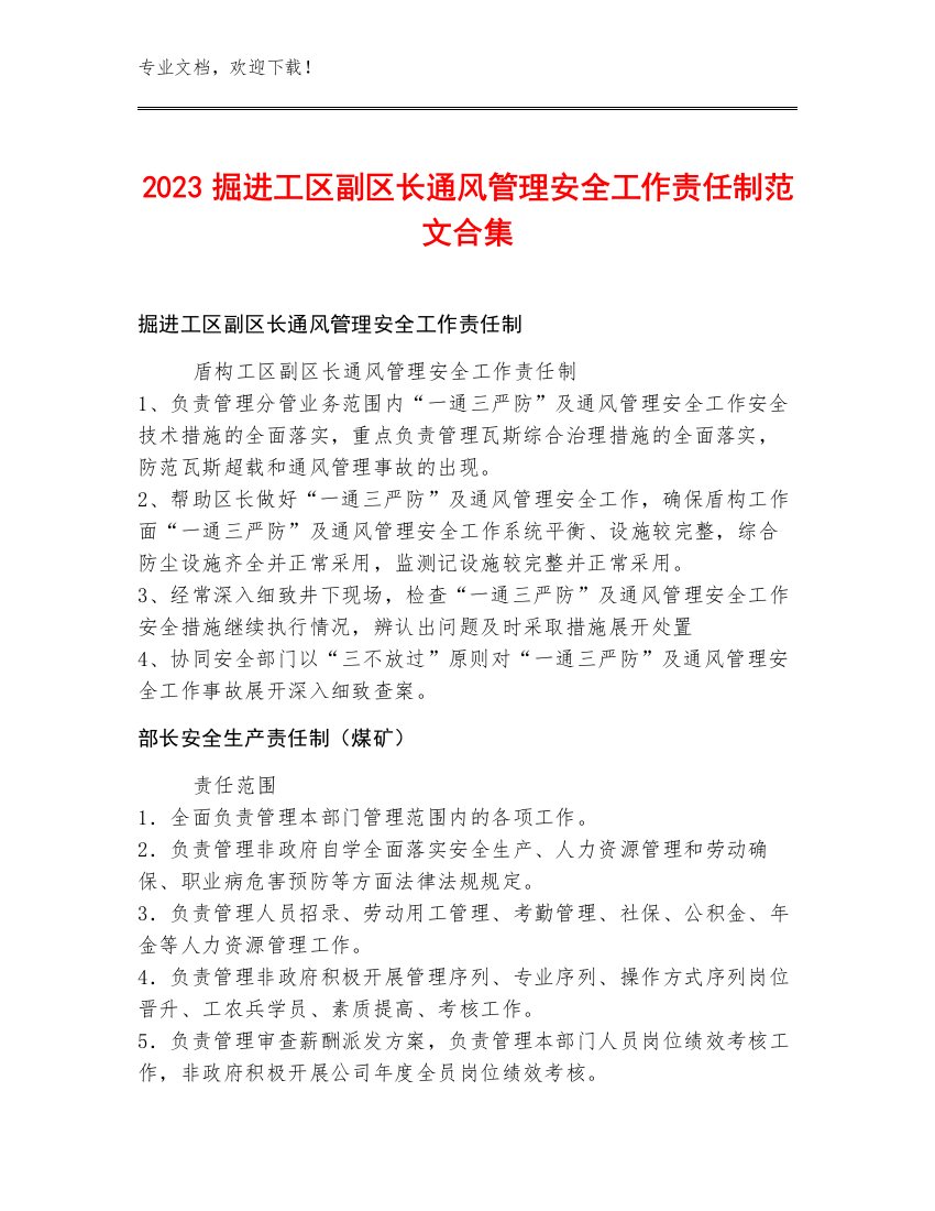 2023掘进工区副区长通风管理安全工作责任制范文合集