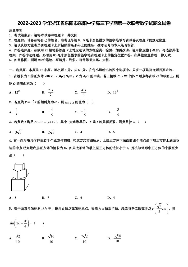 2022-2023学年浙江省东阳市东阳中学高三下学期第一次联考数学试题文试卷